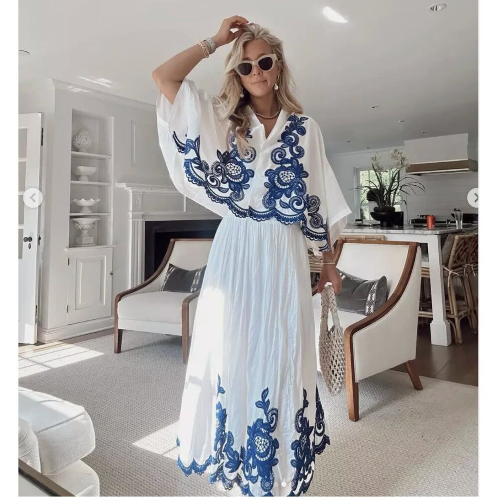 ZARA CONTRAST EMBROIDERED BLOUSE ZW COLLECTION 5107/240 WHITE BLUE XS M L XL NWT